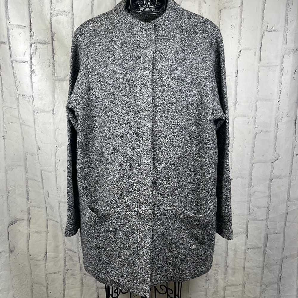 J Jill Pure Jill Longline Cardigan Grey Marled Wool Blend Snap Front Pockets